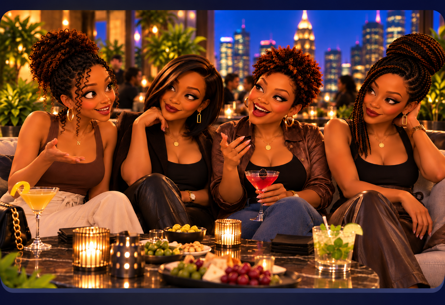 Nia and her friends enjoying an upscale rooftop evening with cocktails and city skyline views