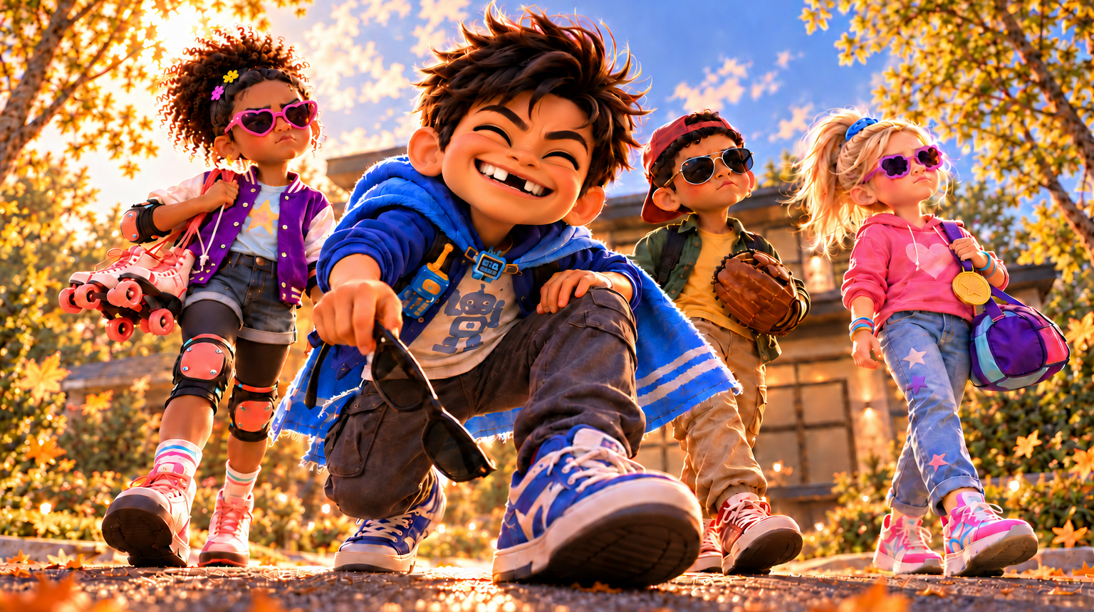Leo and the Snaggletooth Gang — four kids with roller skates, a baseball glove, and gear posing on the pavement