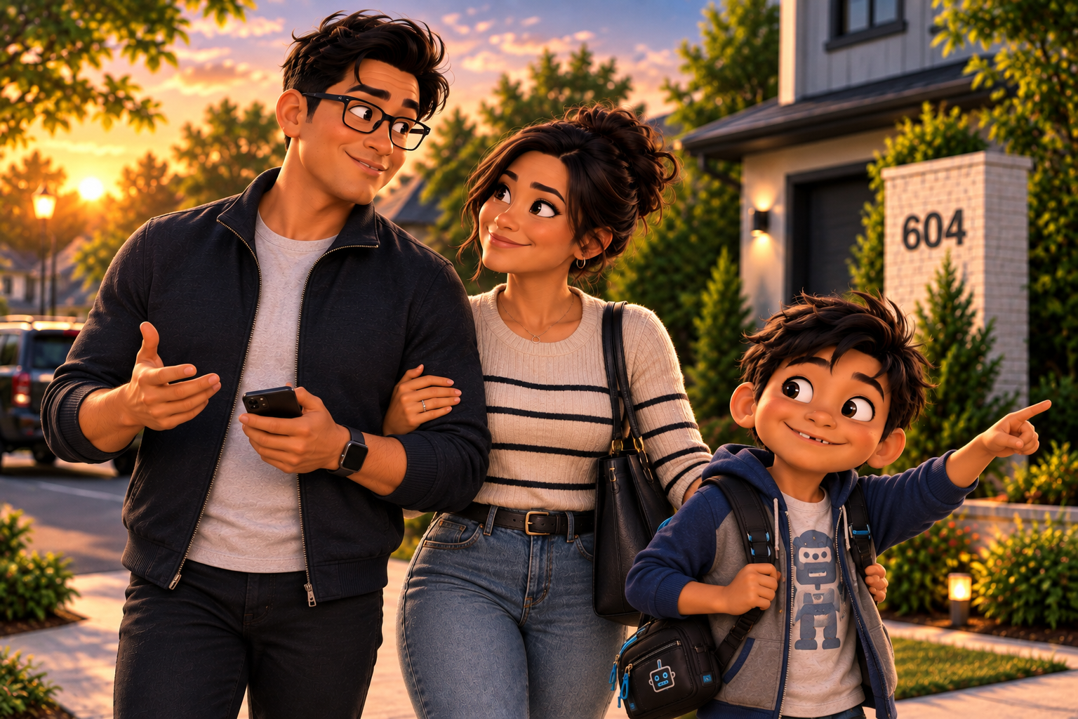 The Park family — Daniel, Chloe, and Leo — outside 604 Smart Way