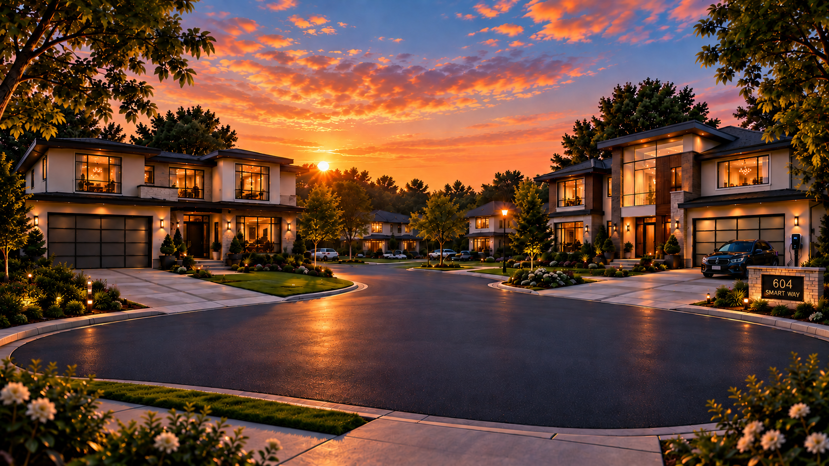 601 Smart Way and 604 Smart Way facing each other across the cul-de-sac at golden hour